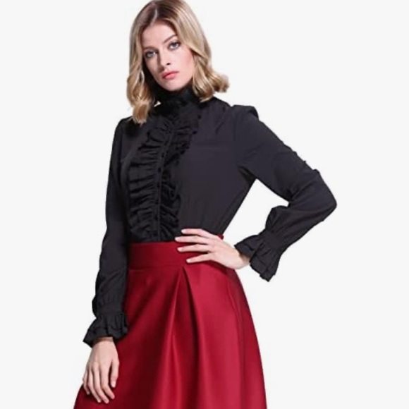 Firpearl Women's M Medium Button Down Blouse Ruffle Collar Vampire Core Goth - Picture 3 of 13
